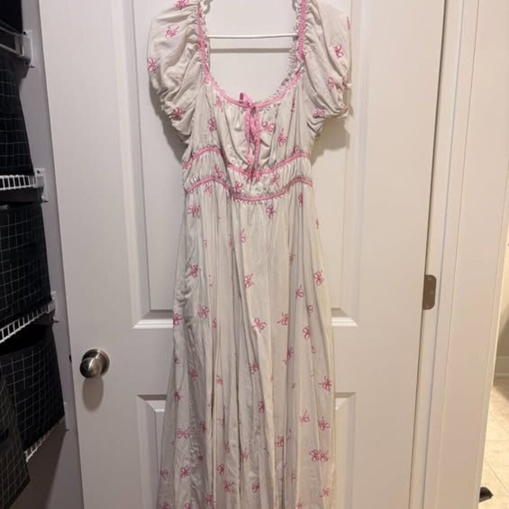 In Loom Pink Bow Print Prairie Maxi Dress - Size L